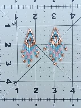 Handmade Gold, Blue & Pink Beaded Fringe Earrings